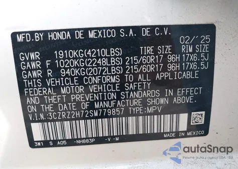 2025 Honda Hr-V Awd Ex-L из США, поврежденный, VIN 3CZRZ2H72SM779857